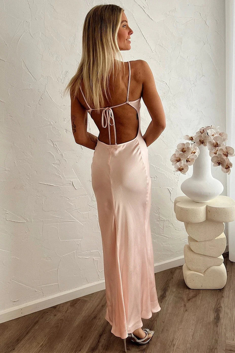Vestido de novia para invitada/Vestido largo sencillo de satén de seda color ruborizado con escote en forma de cerradura y lazo en la espalda. Vestidos de dama de honor/Vestidos formales.
